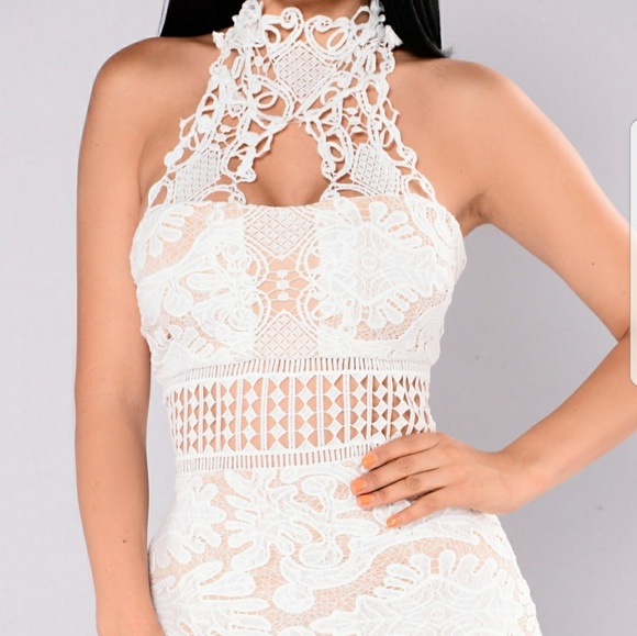 Last Sale! Crochet White Lace Mini High Neck Dress - Picture 3 of 4